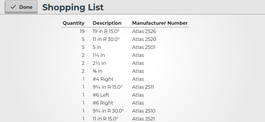 screenshot of a list of items with quantities and manufacturer numbers