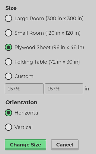 screenshot of a the layout size dialog with presets and a the ability to enter a custom size